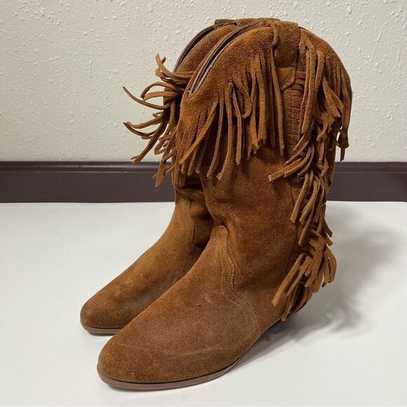 Vintage Leather Craft Fringe Cowgirl Suede Brown Western Boots Women's Size 5 - Picture 13 of 16